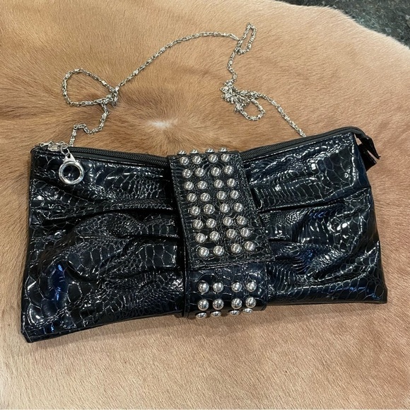 I Squared Handbags - I Squared Black Patent  Studded Ruffle Clutch Shoulder Bag
